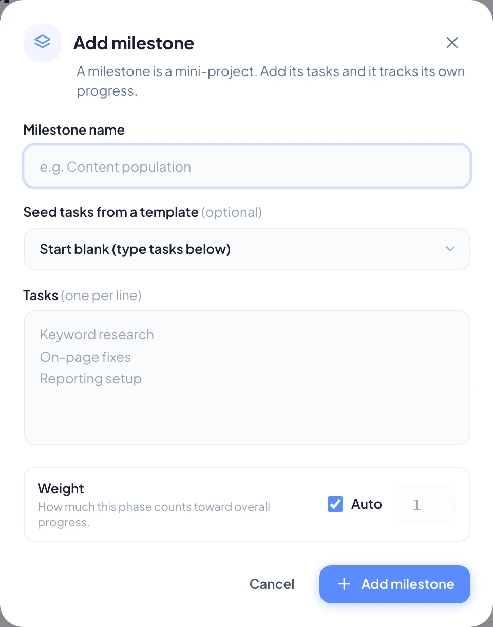 The Add milestone window