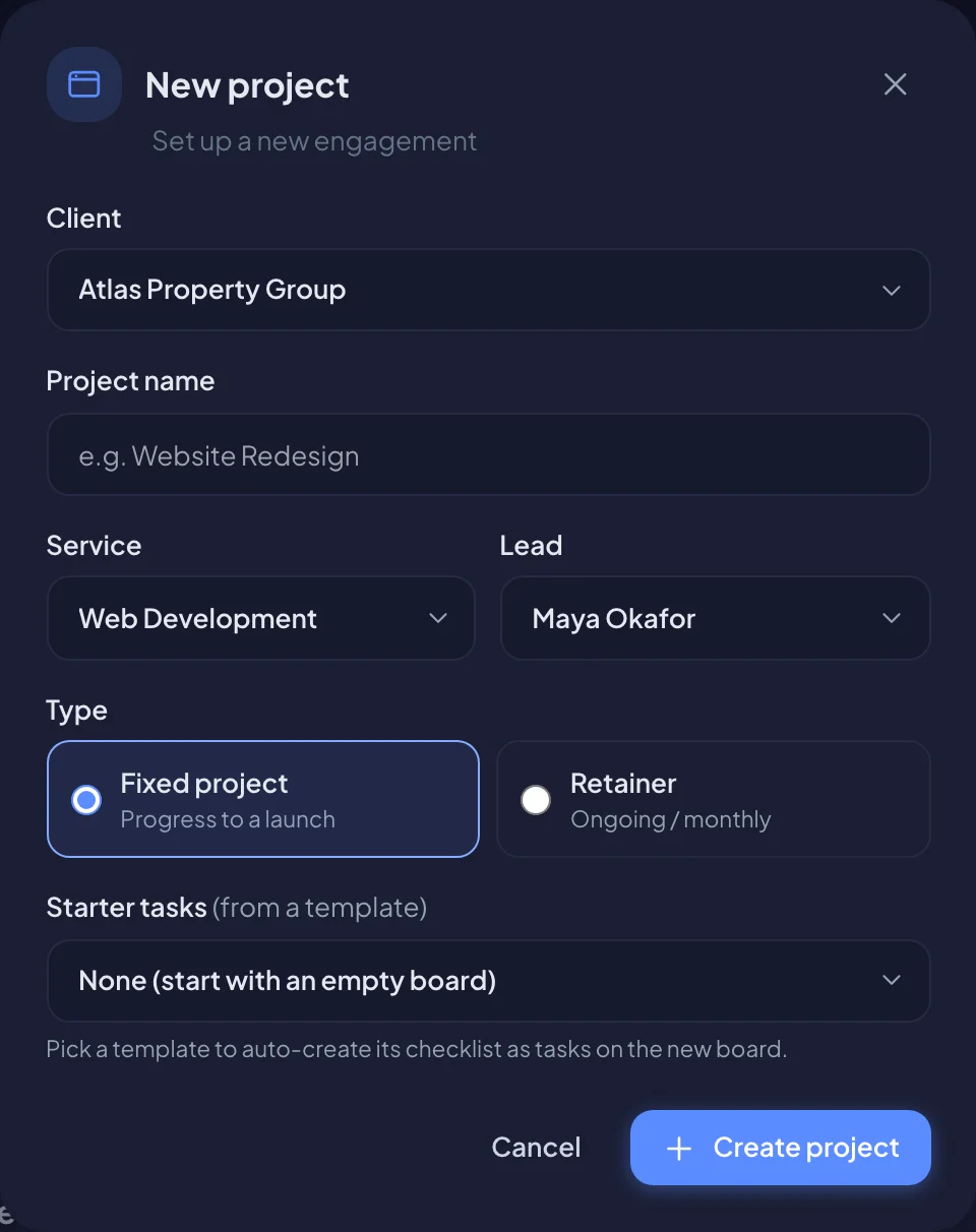 The New project window (dark mode)