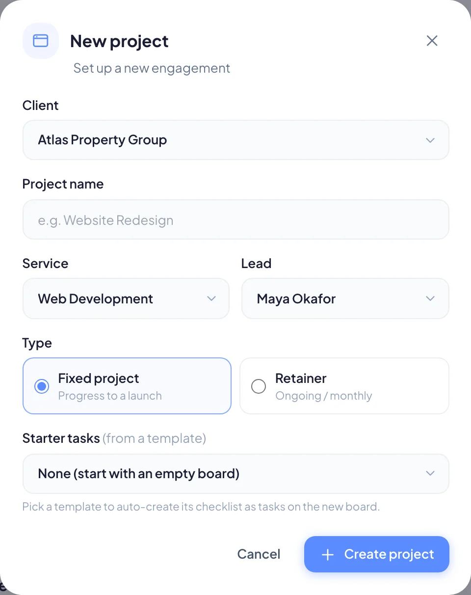 The New project window