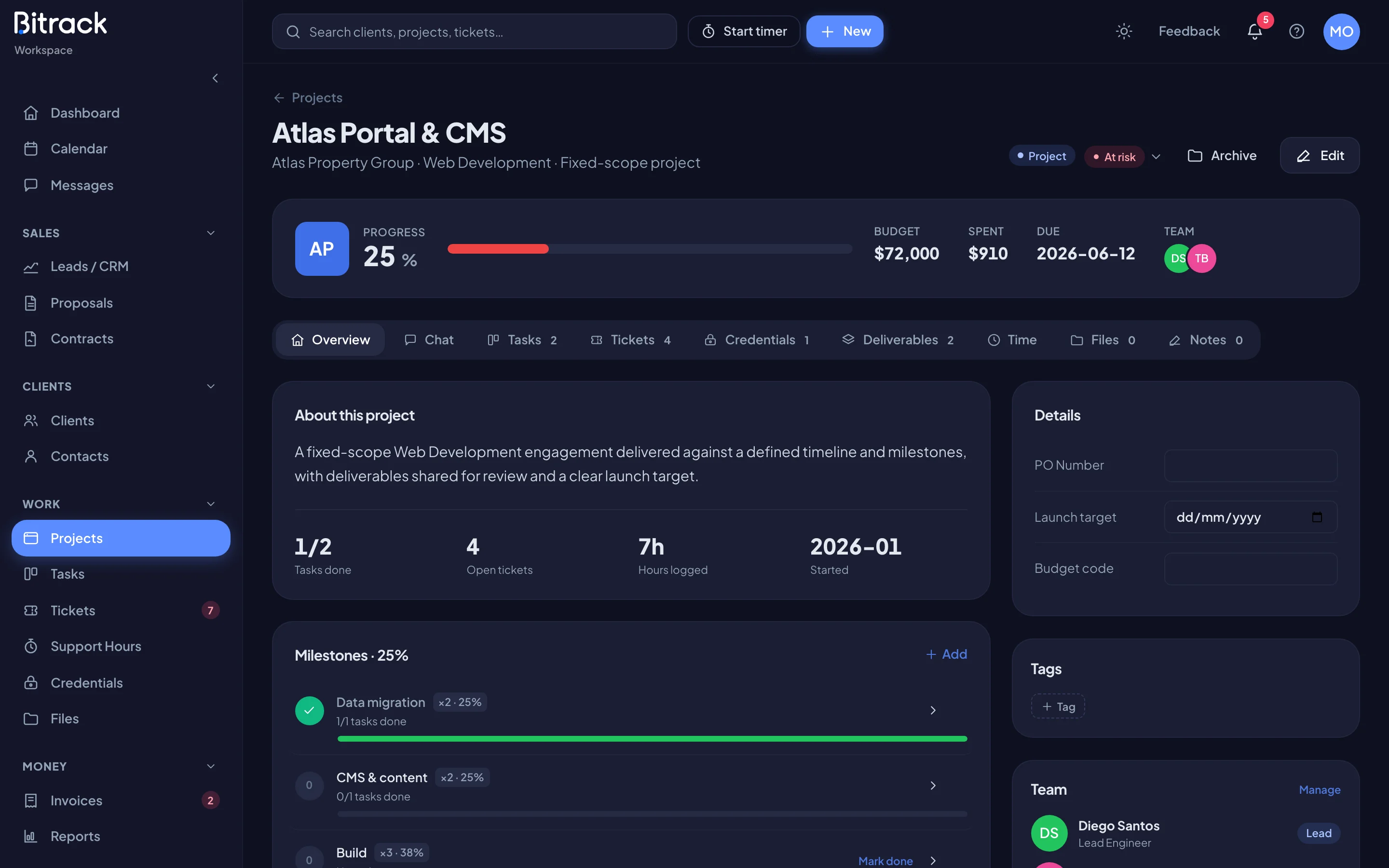 A fixed-scope project page, showing progress, budget, due date and team (dark mode)