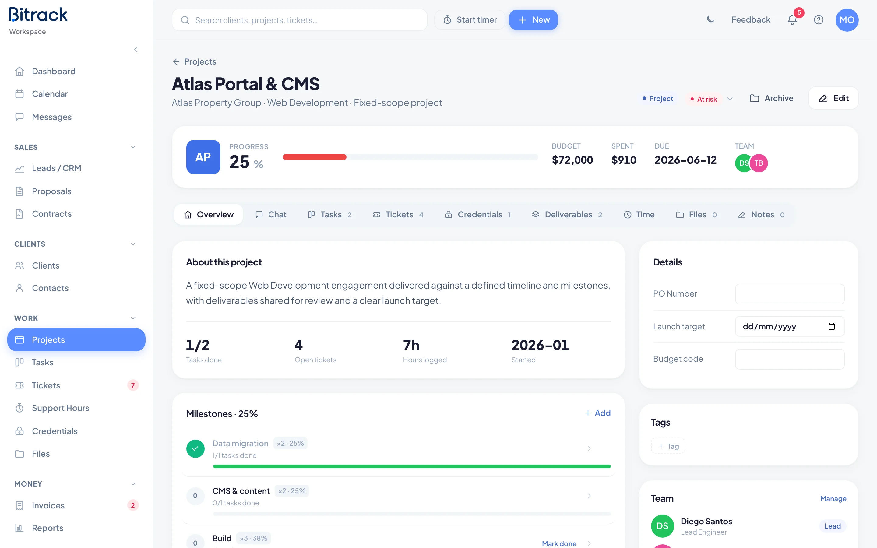 A fixed-scope project page, showing progress, budget, due date and team