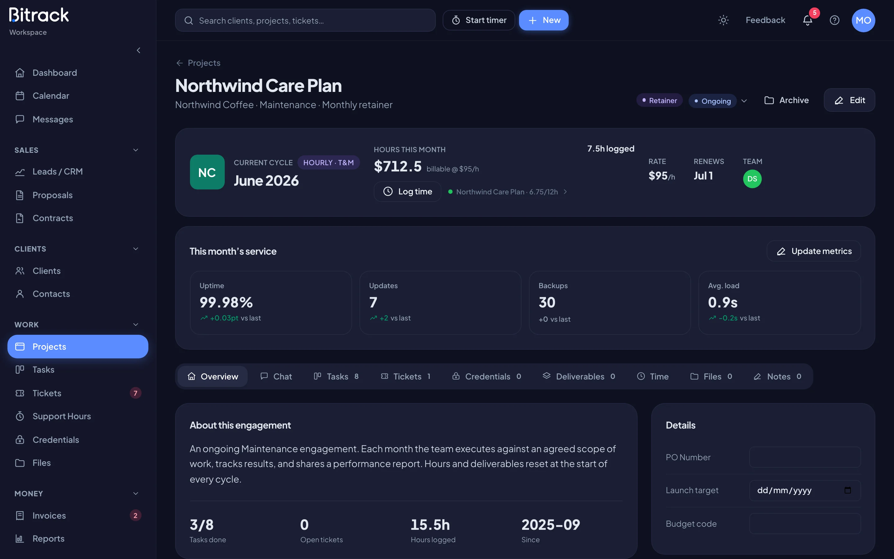 A retainer project page, showing the current cycle and hours (dark mode)