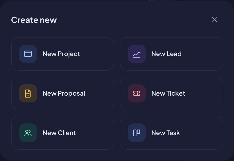 The Create new dialog with tiles for a new project, client, task and more (dark mode)