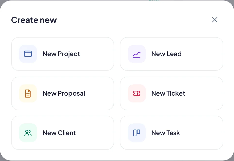 The Create new dialog with tiles for a new project, client, task and more