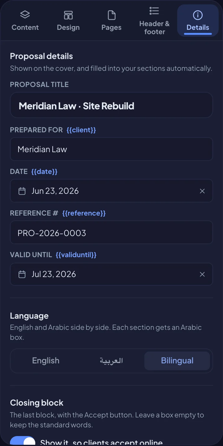 The Language setting on the Details tab (dark mode)