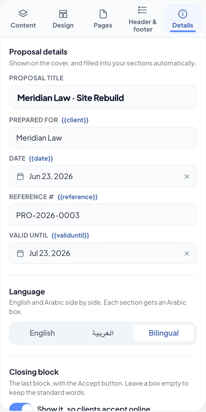 The Language setting on the Details tab