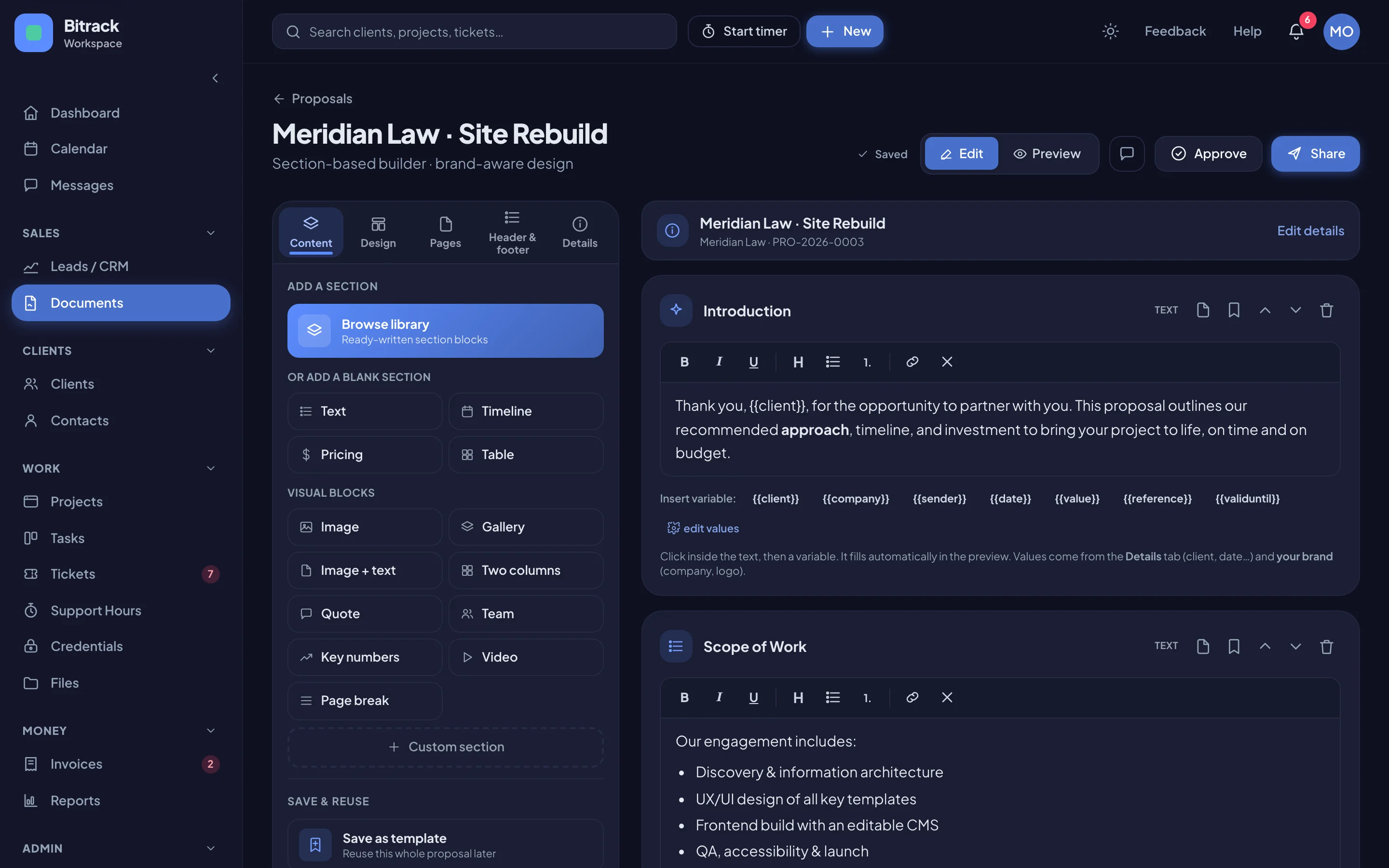 The Visual blocks in the proposal builder (dark mode)