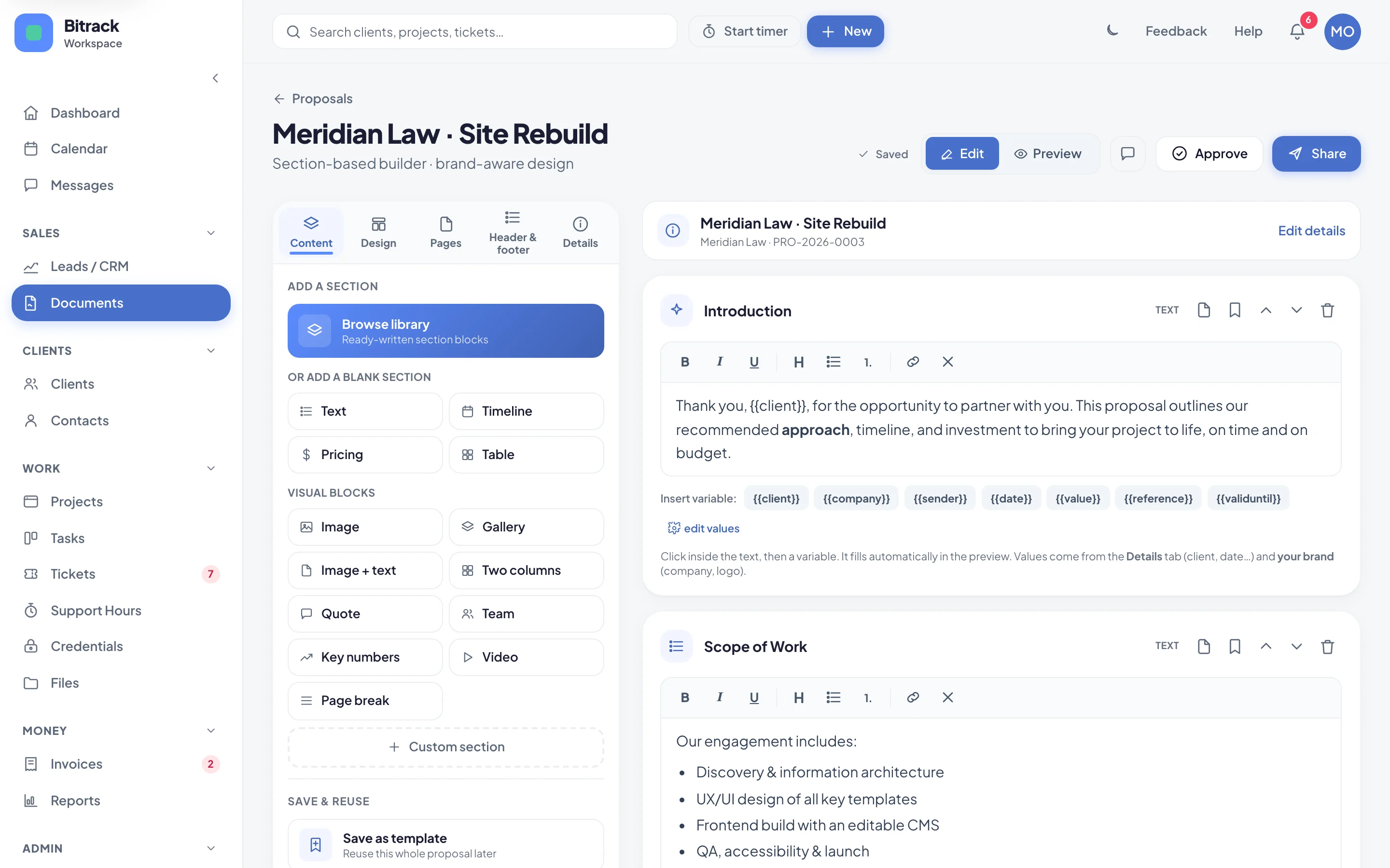 The Visual blocks in the proposal builder