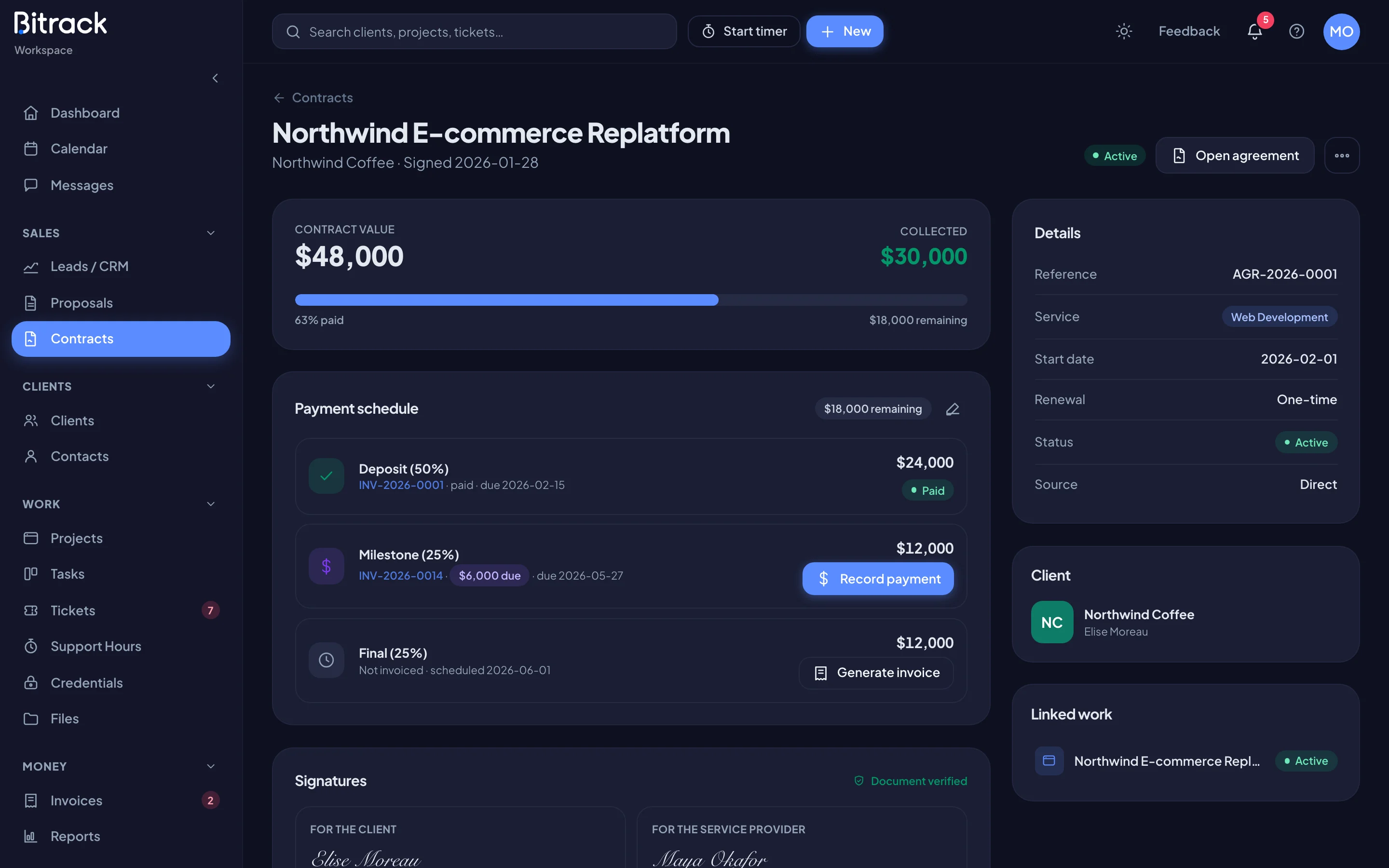 A contract’s page with its value and payment schedule (dark mode)