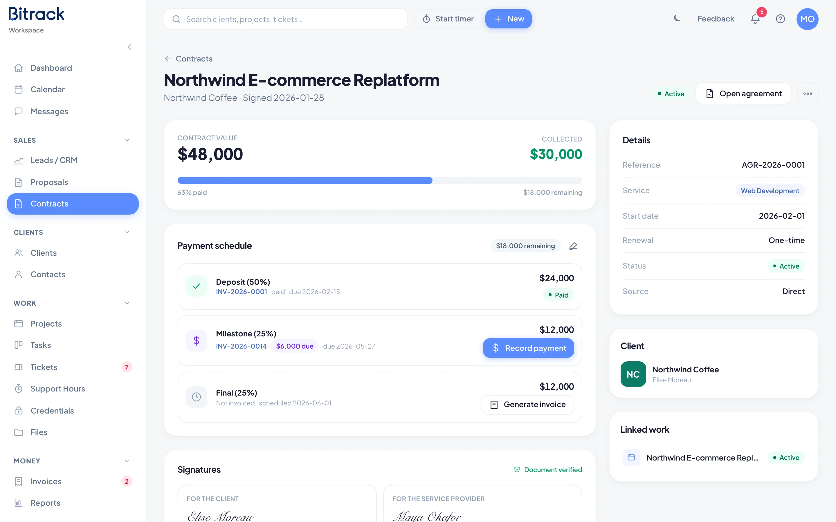A contract’s page with its value and payment schedule