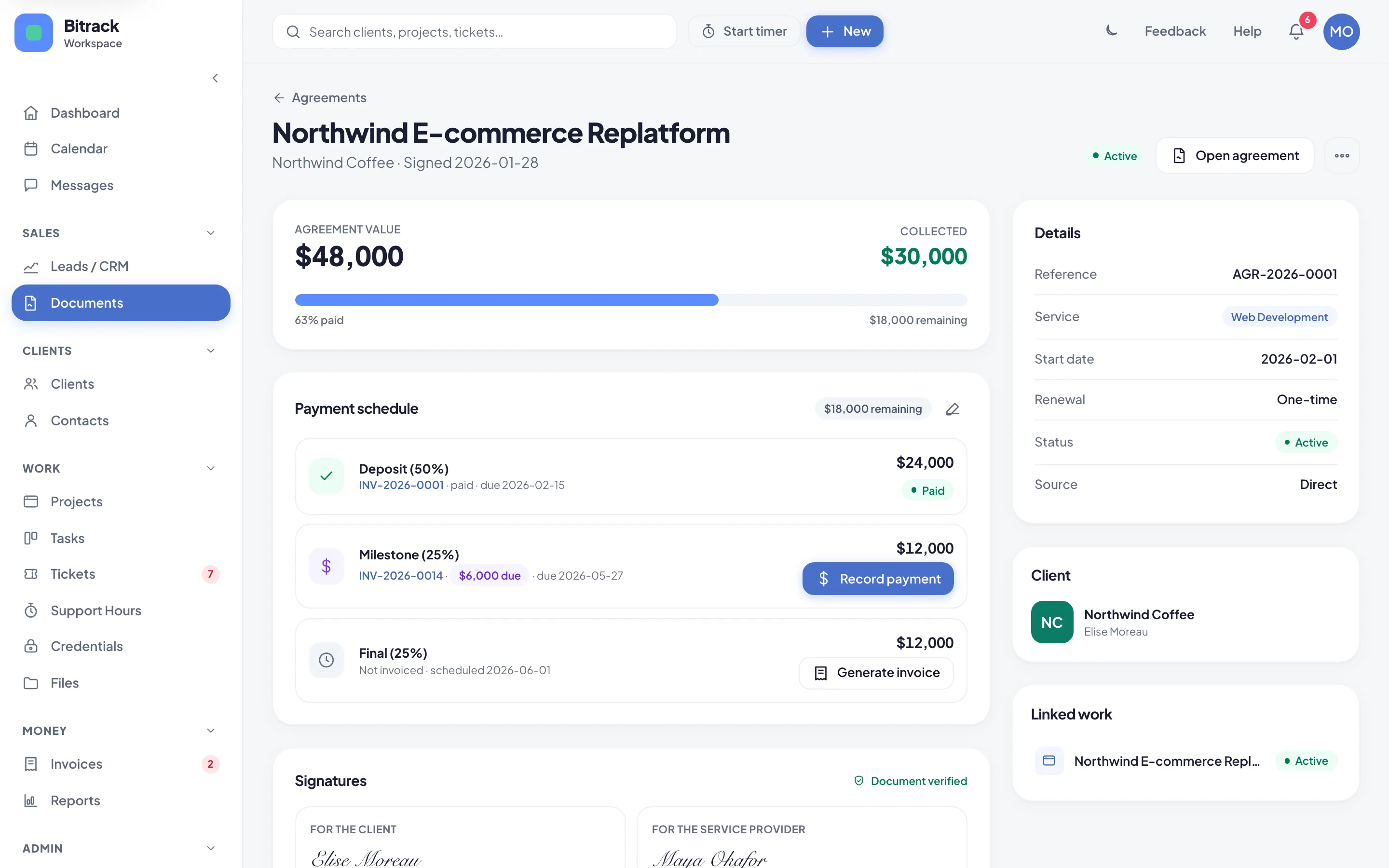 An agreement’s page with its value and payment schedule