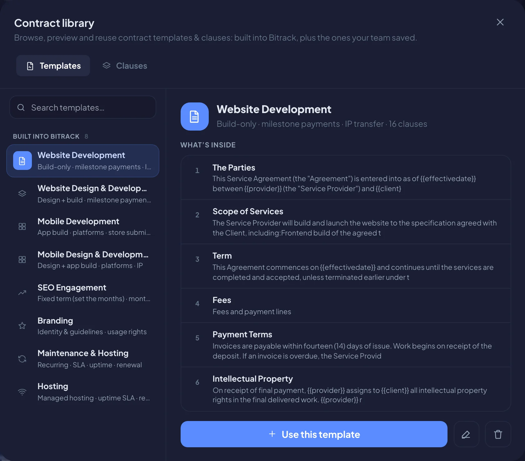 The contract library (dark mode)