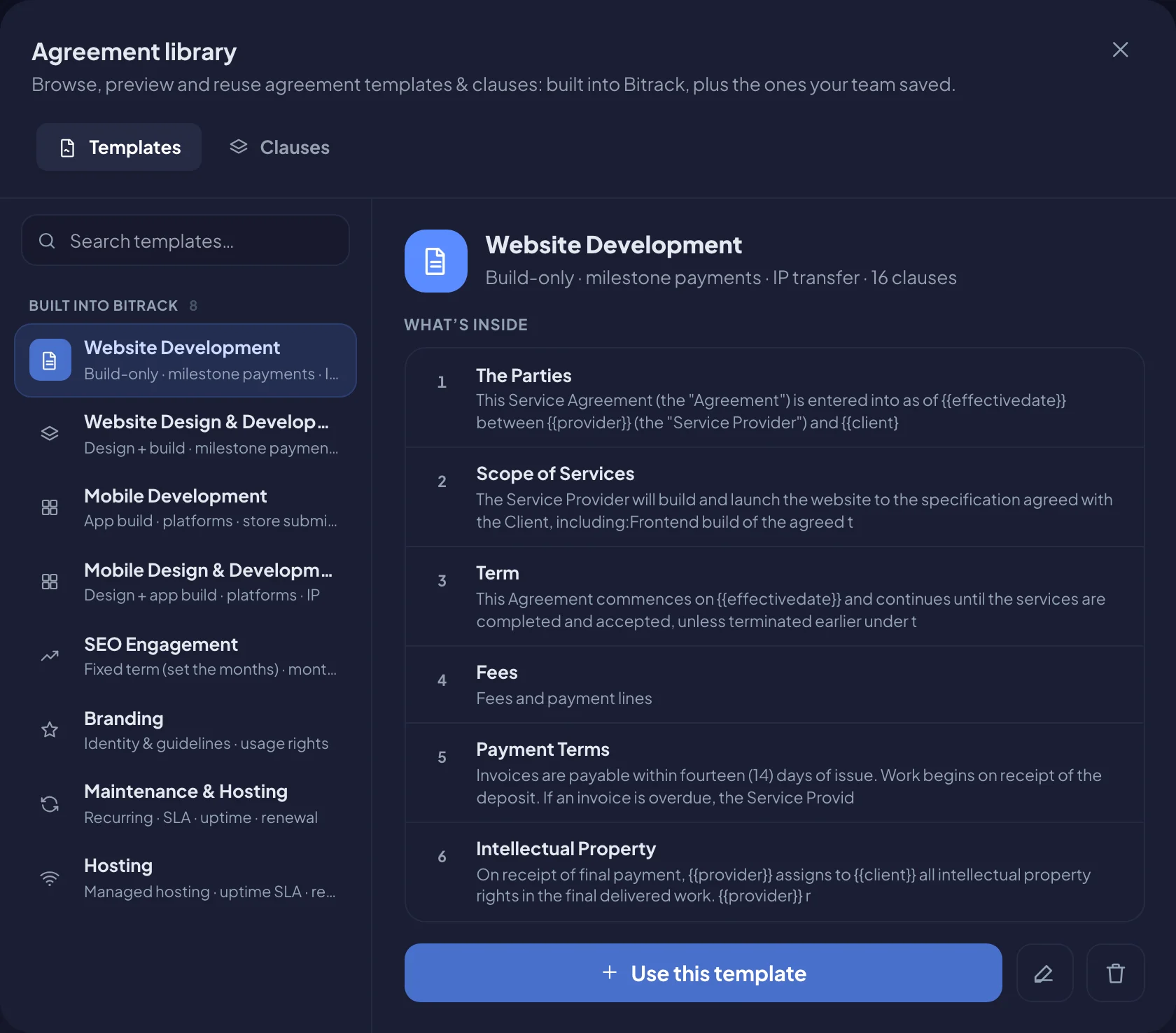 The agreement library (dark mode)