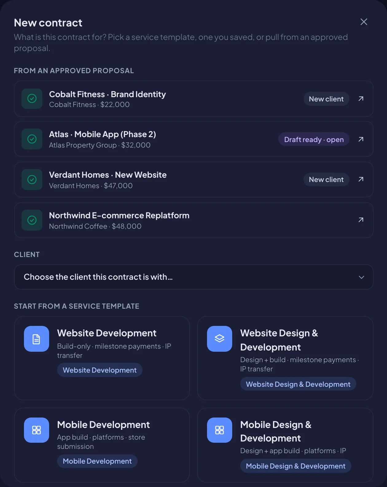 The New contract window (dark mode)