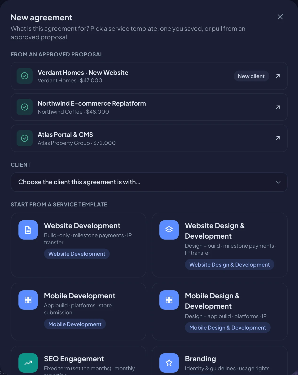The New agreement window (dark mode)
