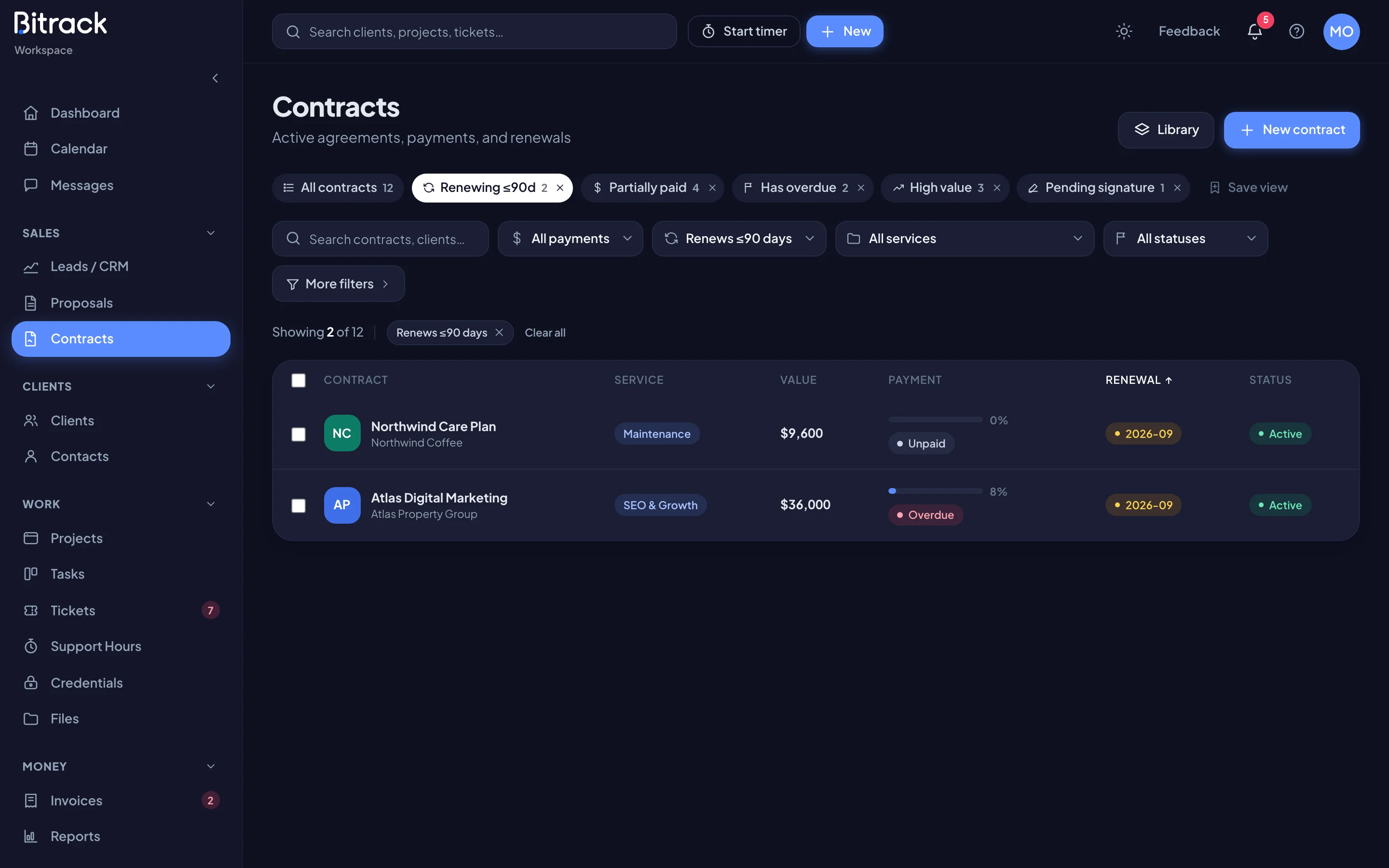 Contracts renewing in the next 90 days (dark mode)