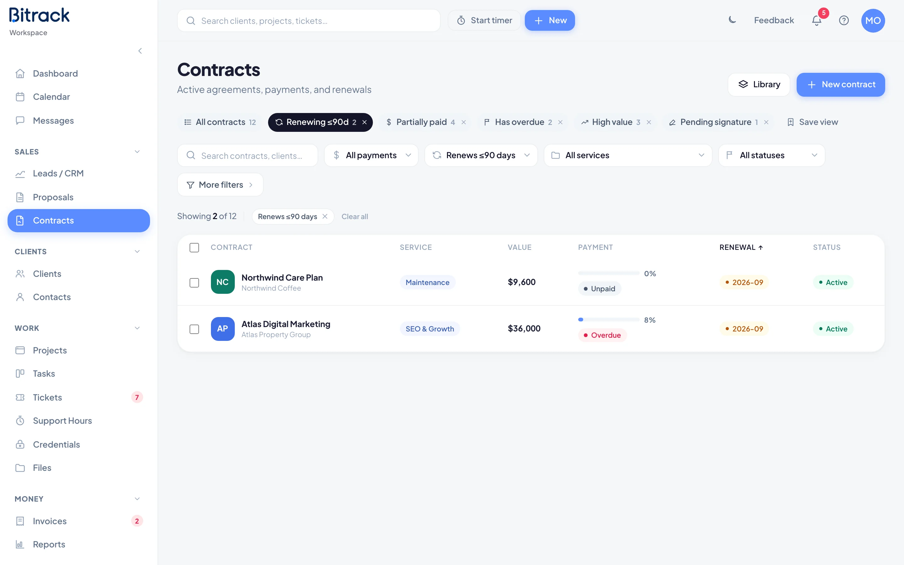 Contracts renewing in the next 90 days