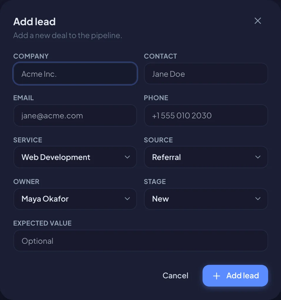 The Add lead window (dark mode)