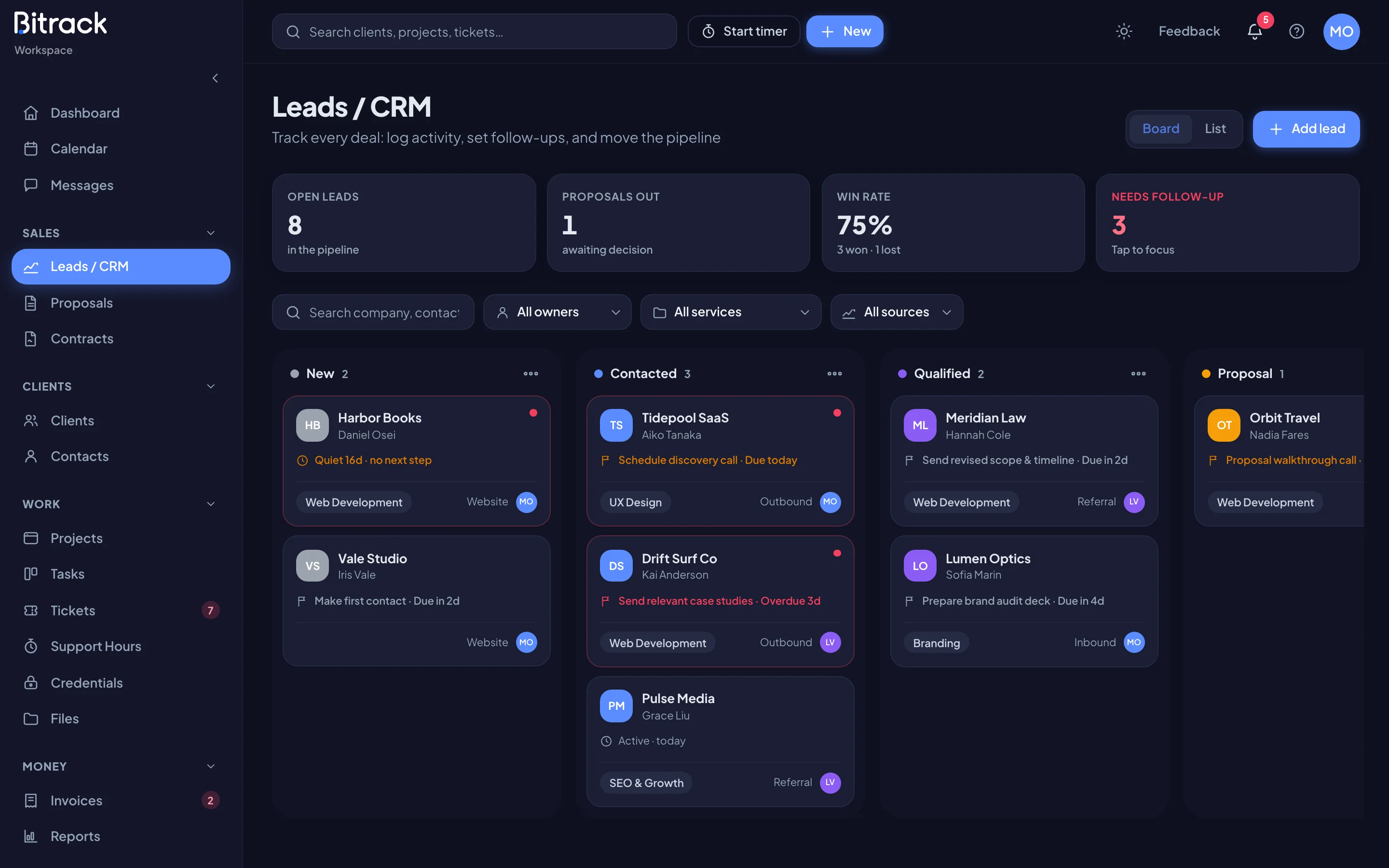 The pipeline board with a column for each stage (dark mode)