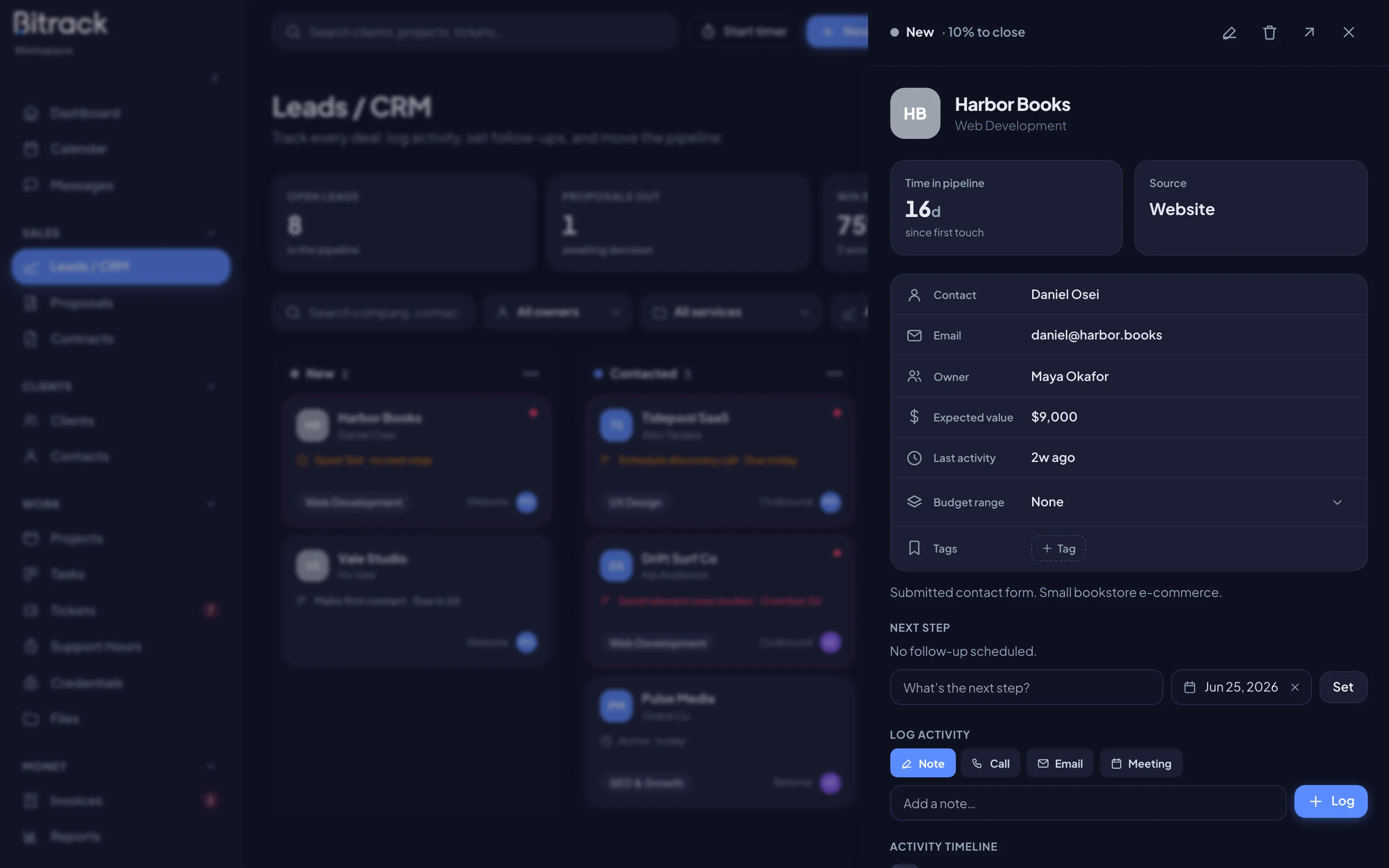 An open lead with its details, next step and activity timeline (dark mode)
