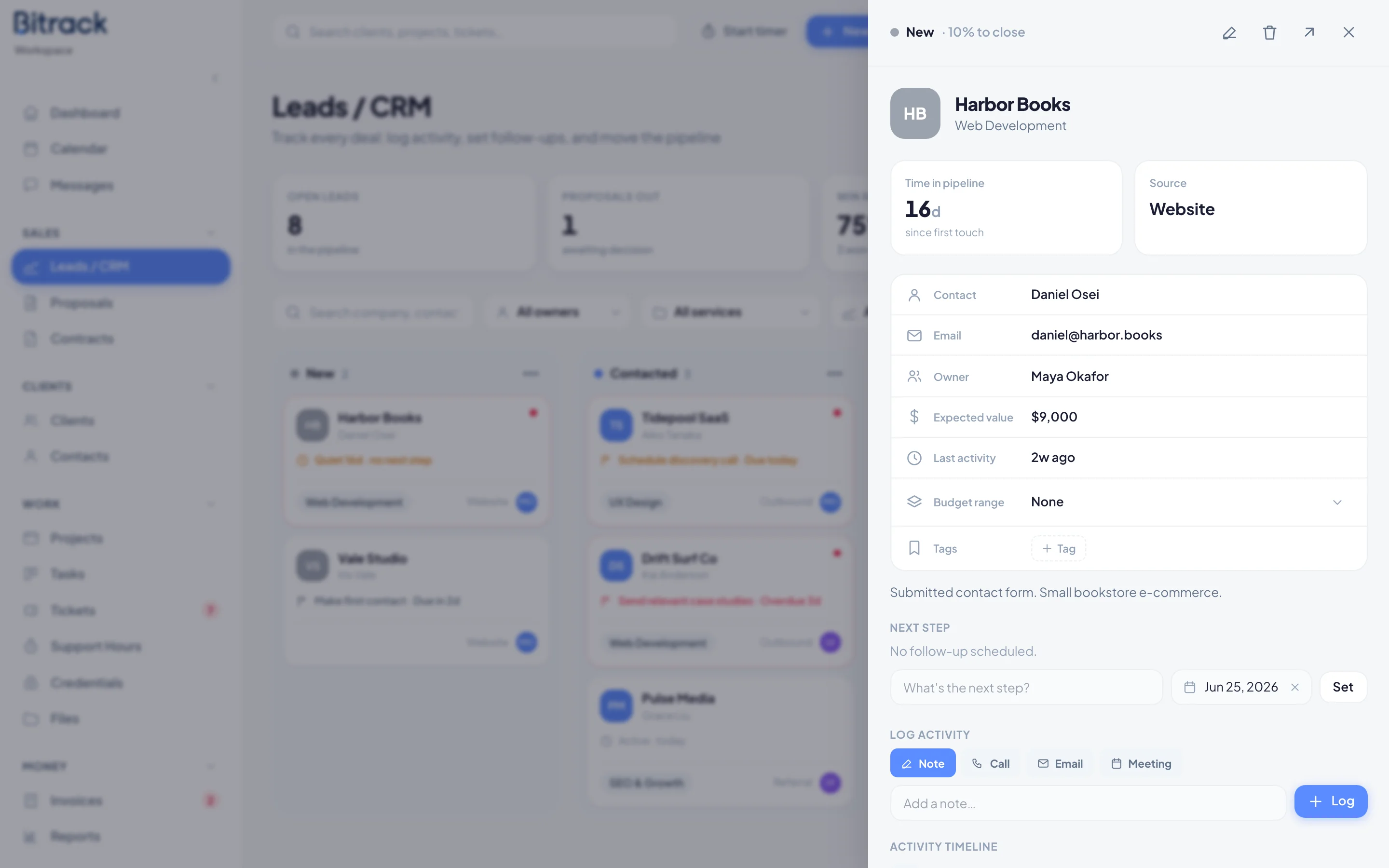 An open lead with its details, next step and activity timeline