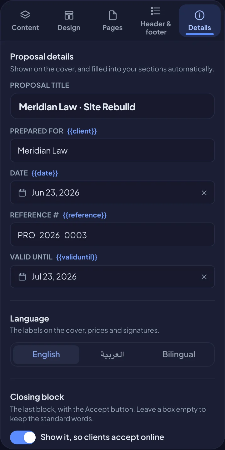 The closing block on the Details tab (dark mode)