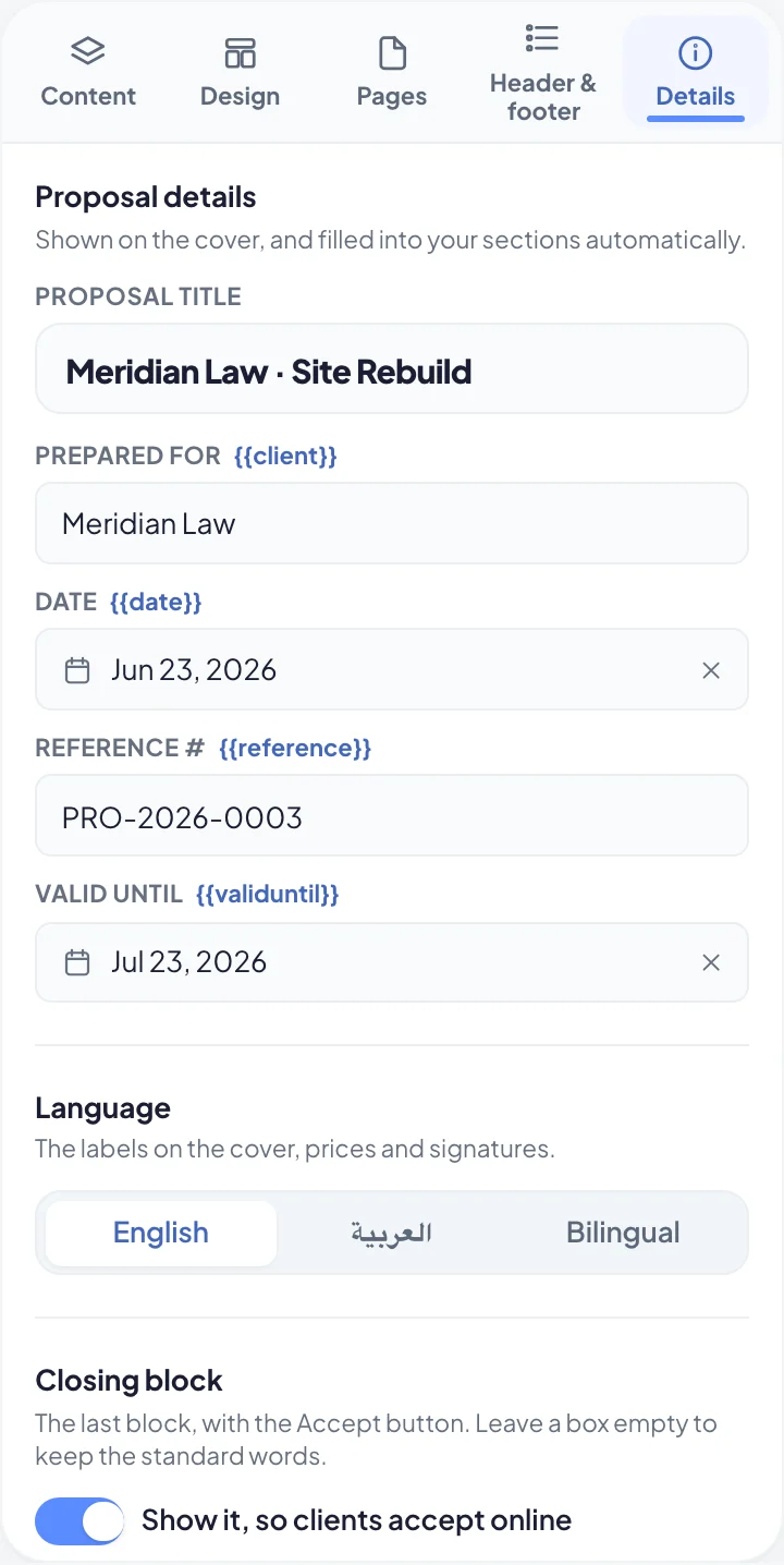 The closing block on the Details tab