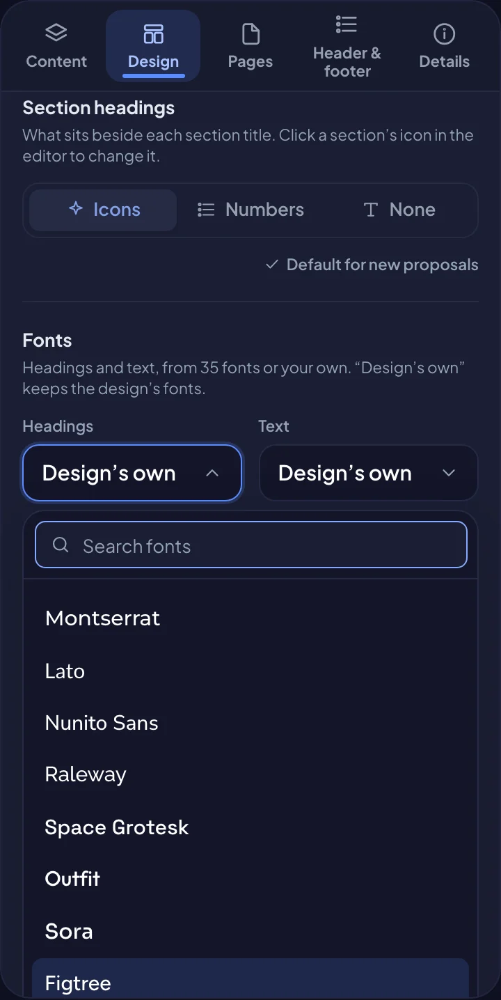 Choosing the fonts on the Design tab (dark mode)