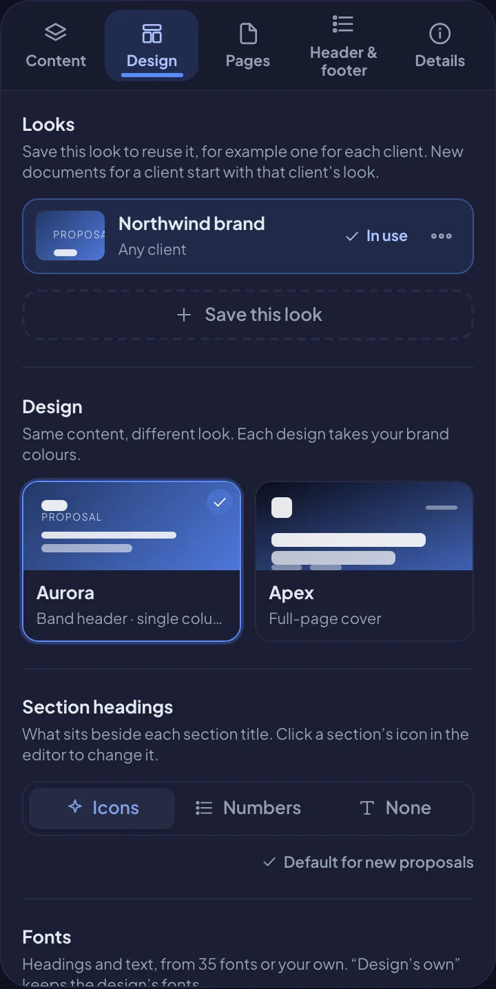 Saved looks on the Design tab (dark mode)