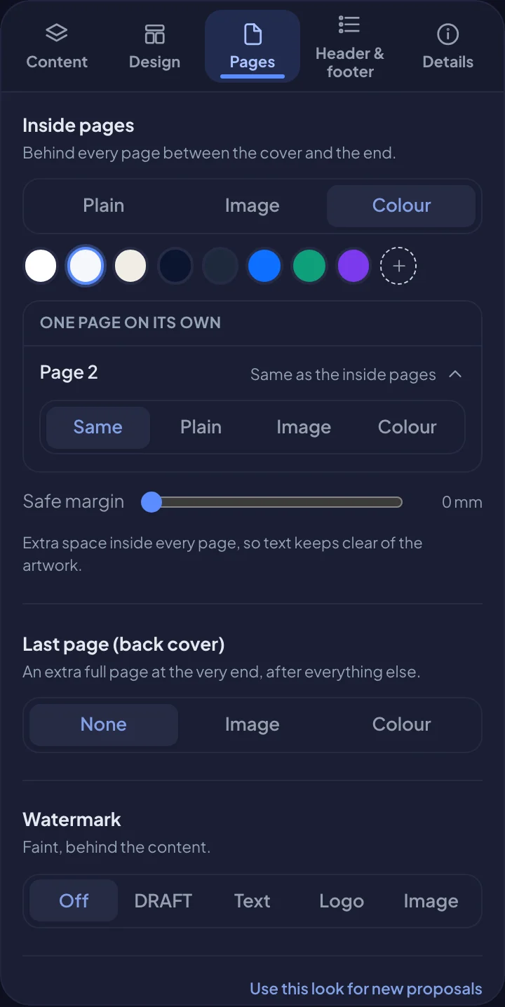 Page backgrounds on the Pages tab (dark mode)
