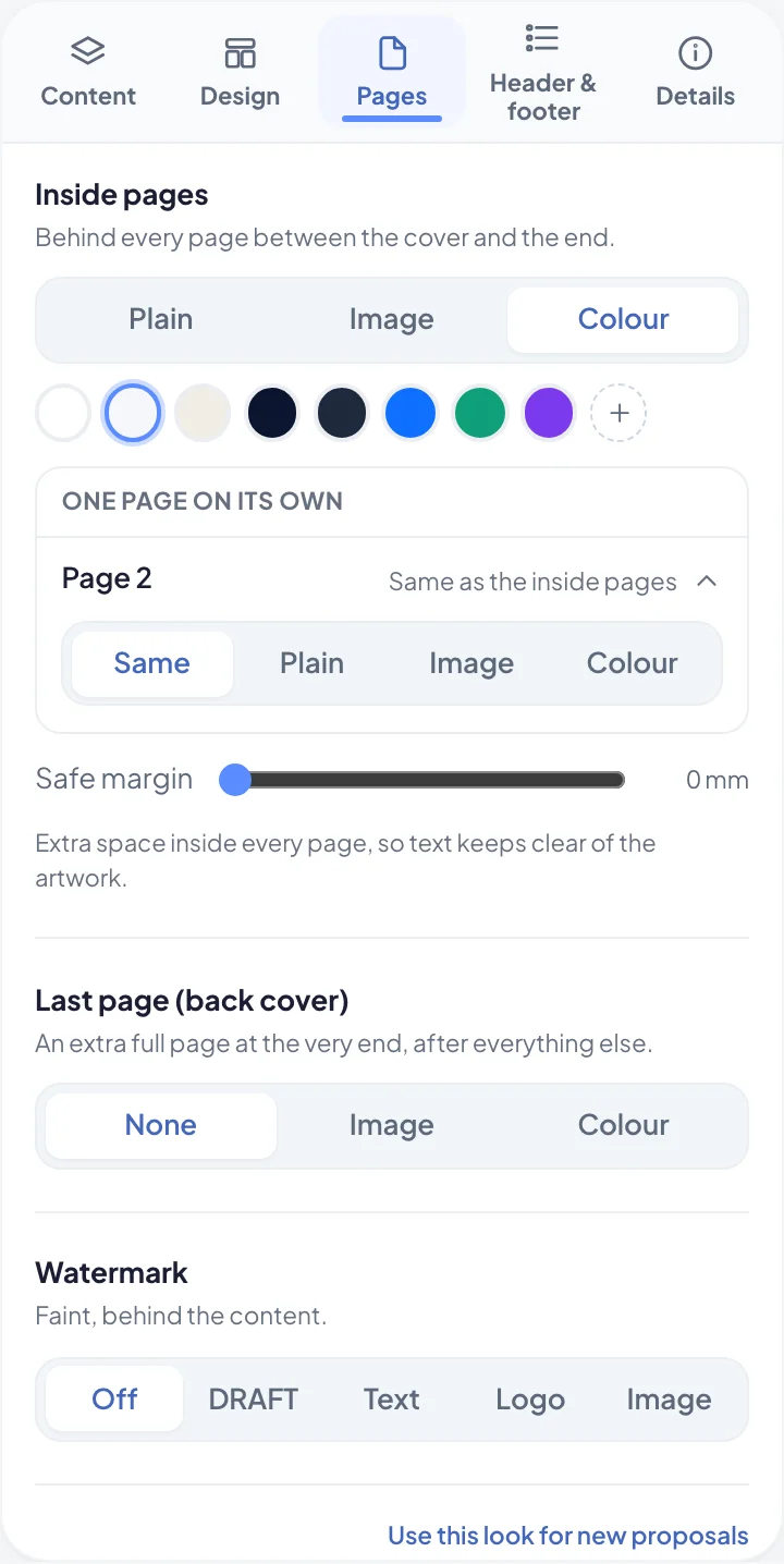 Page backgrounds on the Pages tab