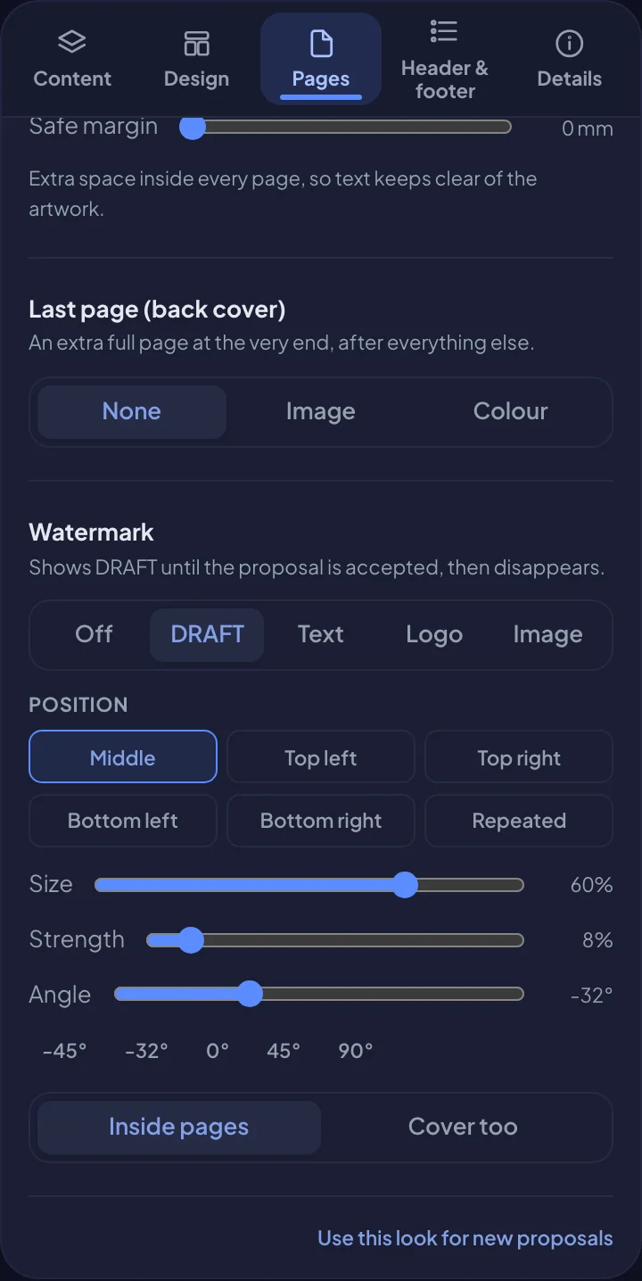 The watermark options on the Pages tab (dark mode)