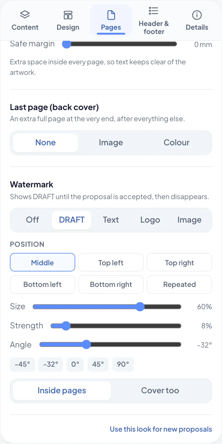 The watermark options on the Pages tab