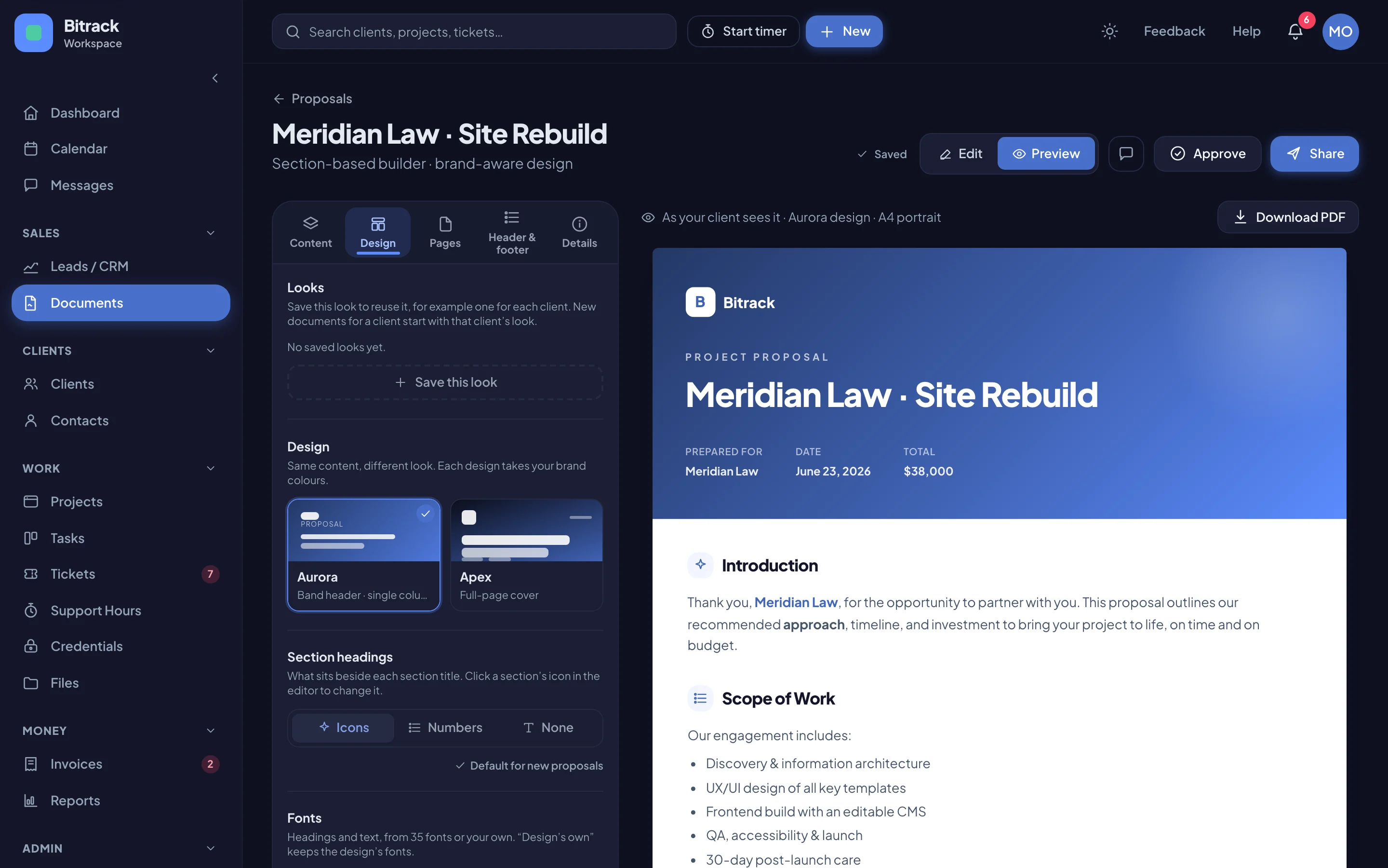 The Design tab of the studio, with the pages beside it (dark mode)