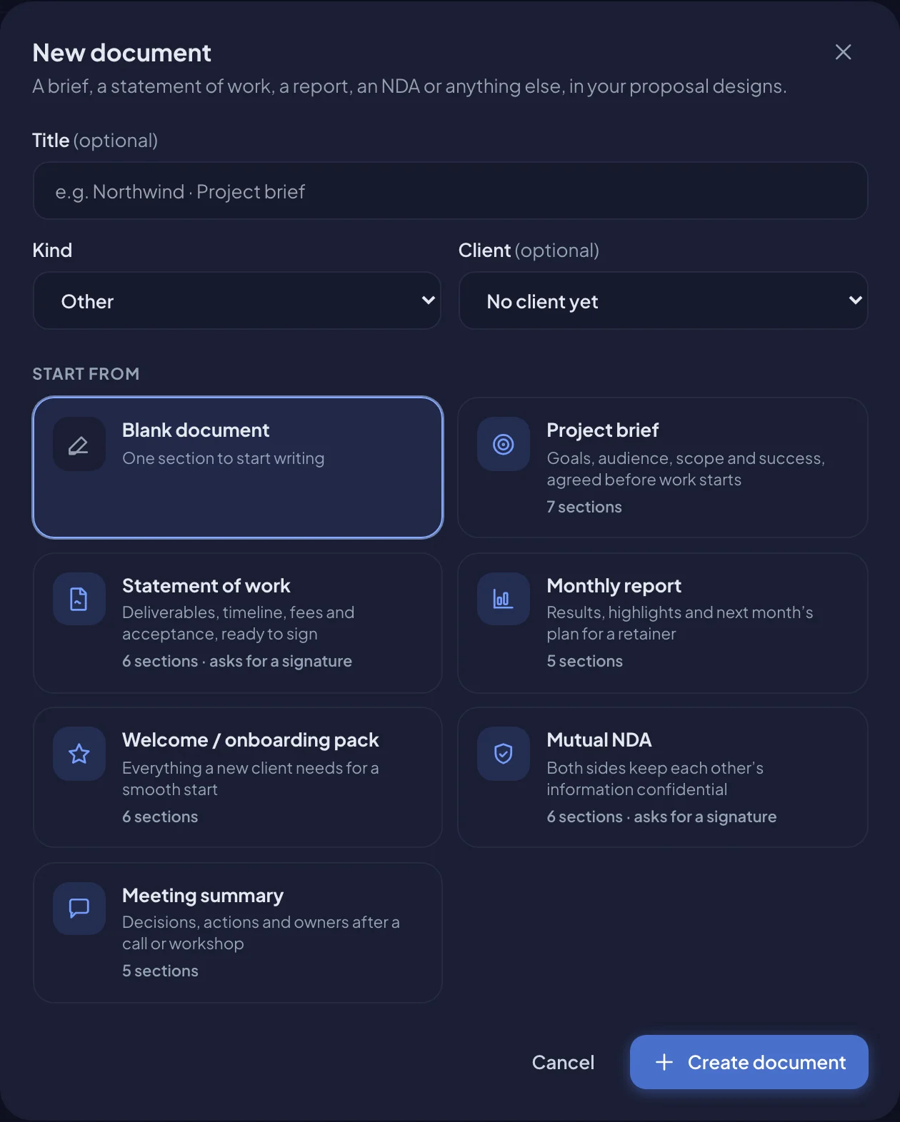 The New document window (dark mode)