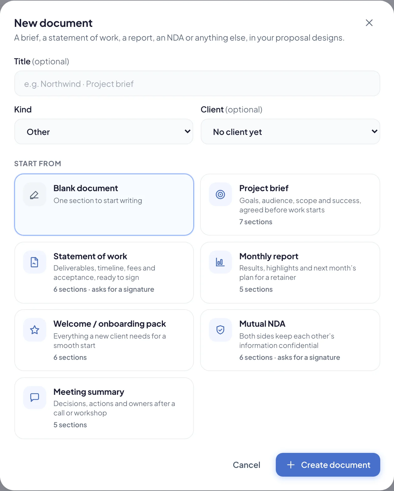 The New document window