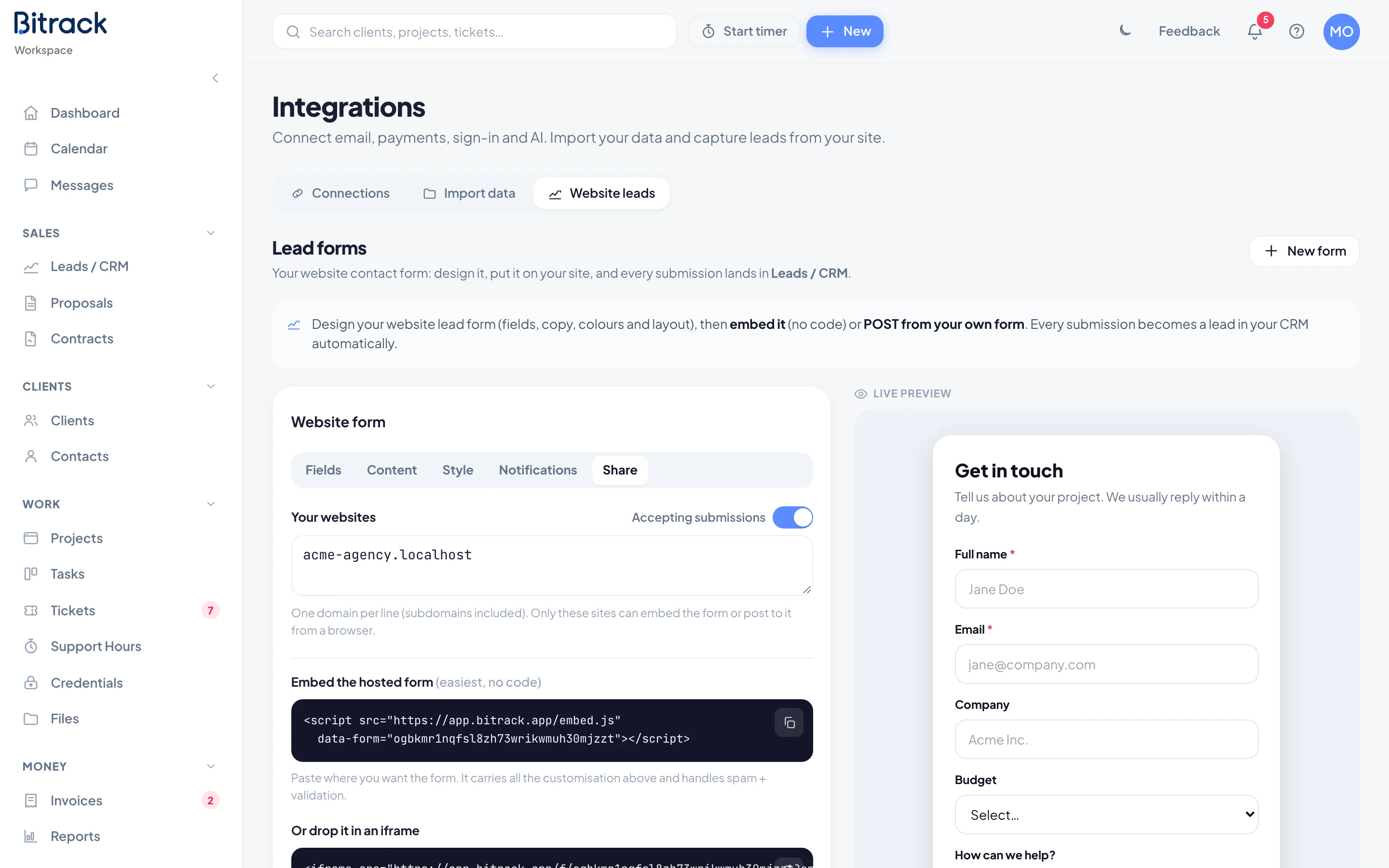 The Share tab with the embed code