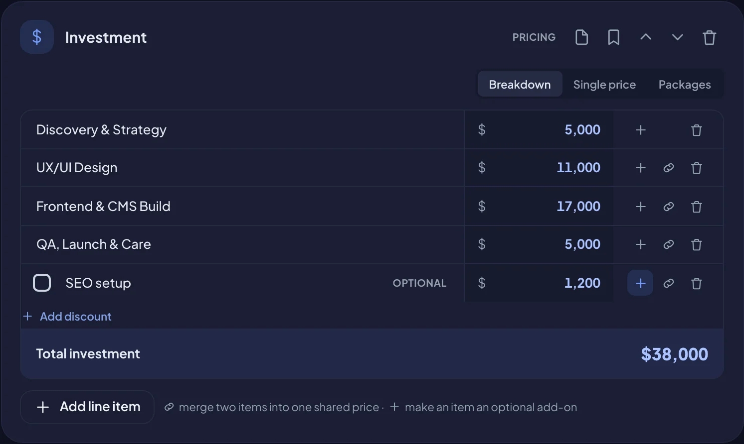 A pricing section, with the + button on each line (dark mode)