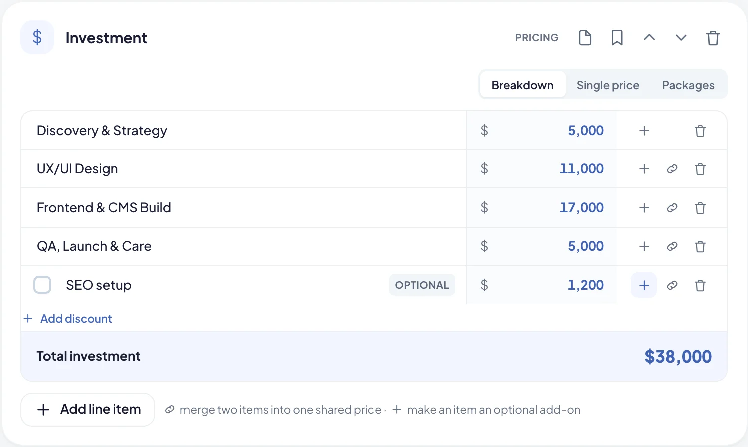 A pricing section, with the + button on each line