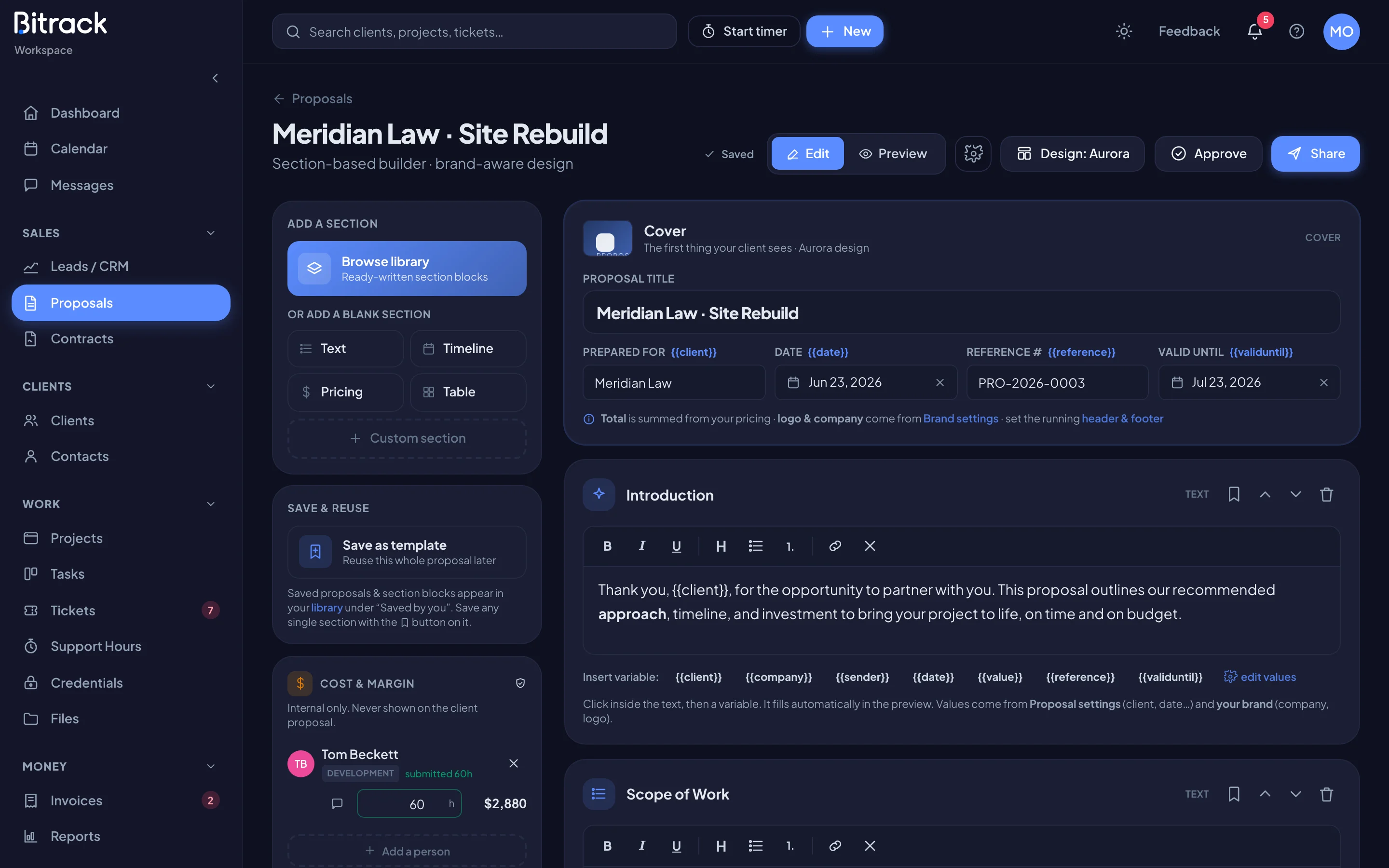 The proposal builder with the section panel on the left (dark mode)