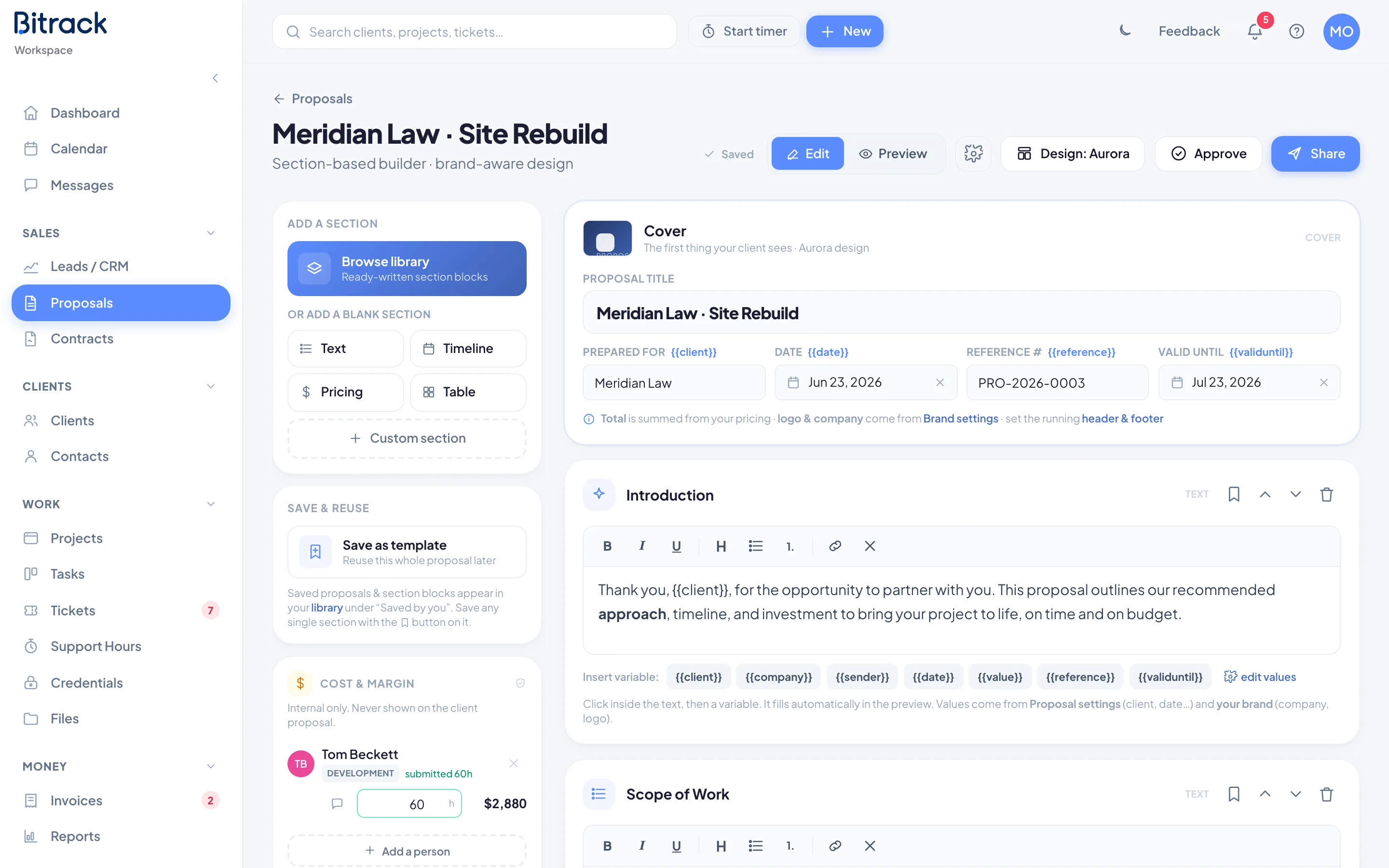 The proposal builder with the section panel on the left