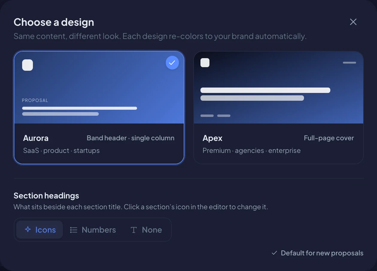 Choosing a design for the proposal (dark mode)