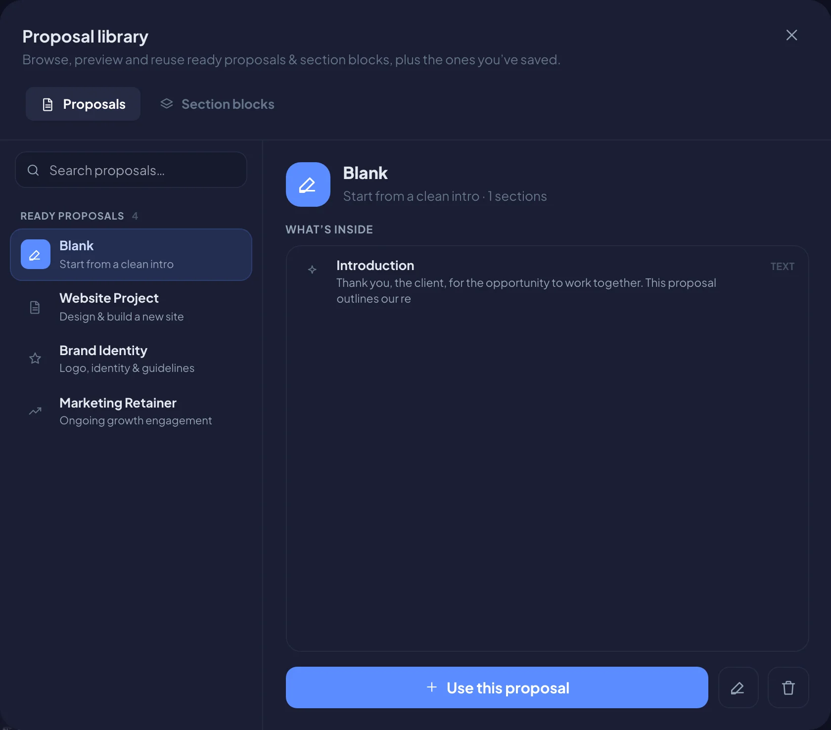 The proposal library (dark mode)
