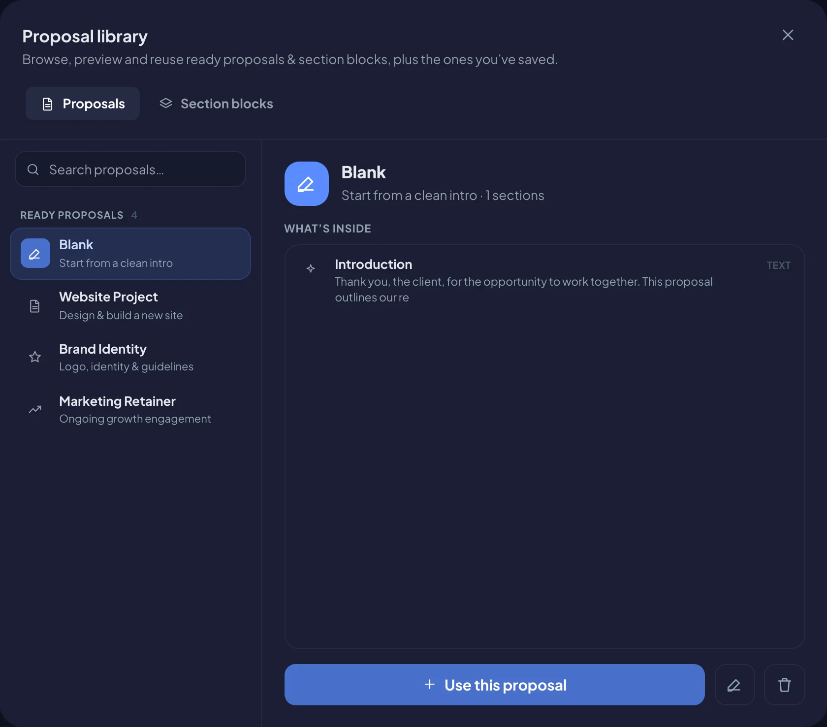 The proposal library (dark mode)