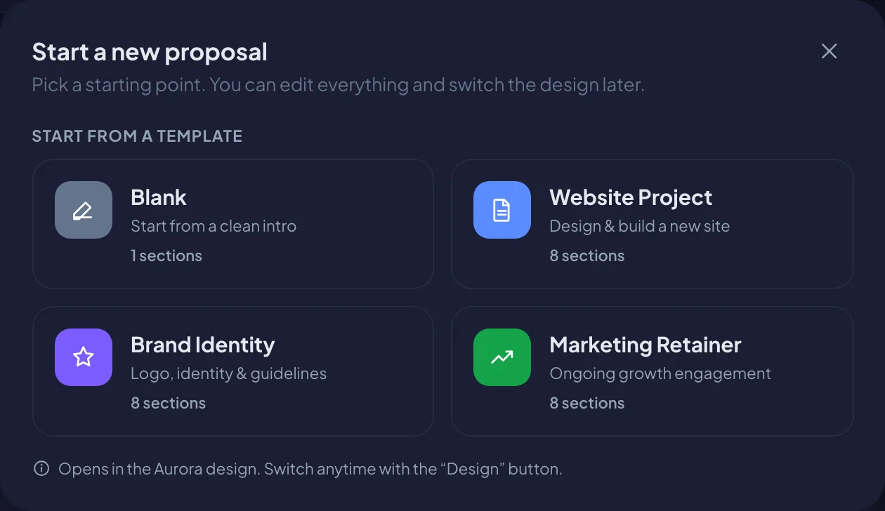 Choosing a starting point for a new proposal (dark mode)