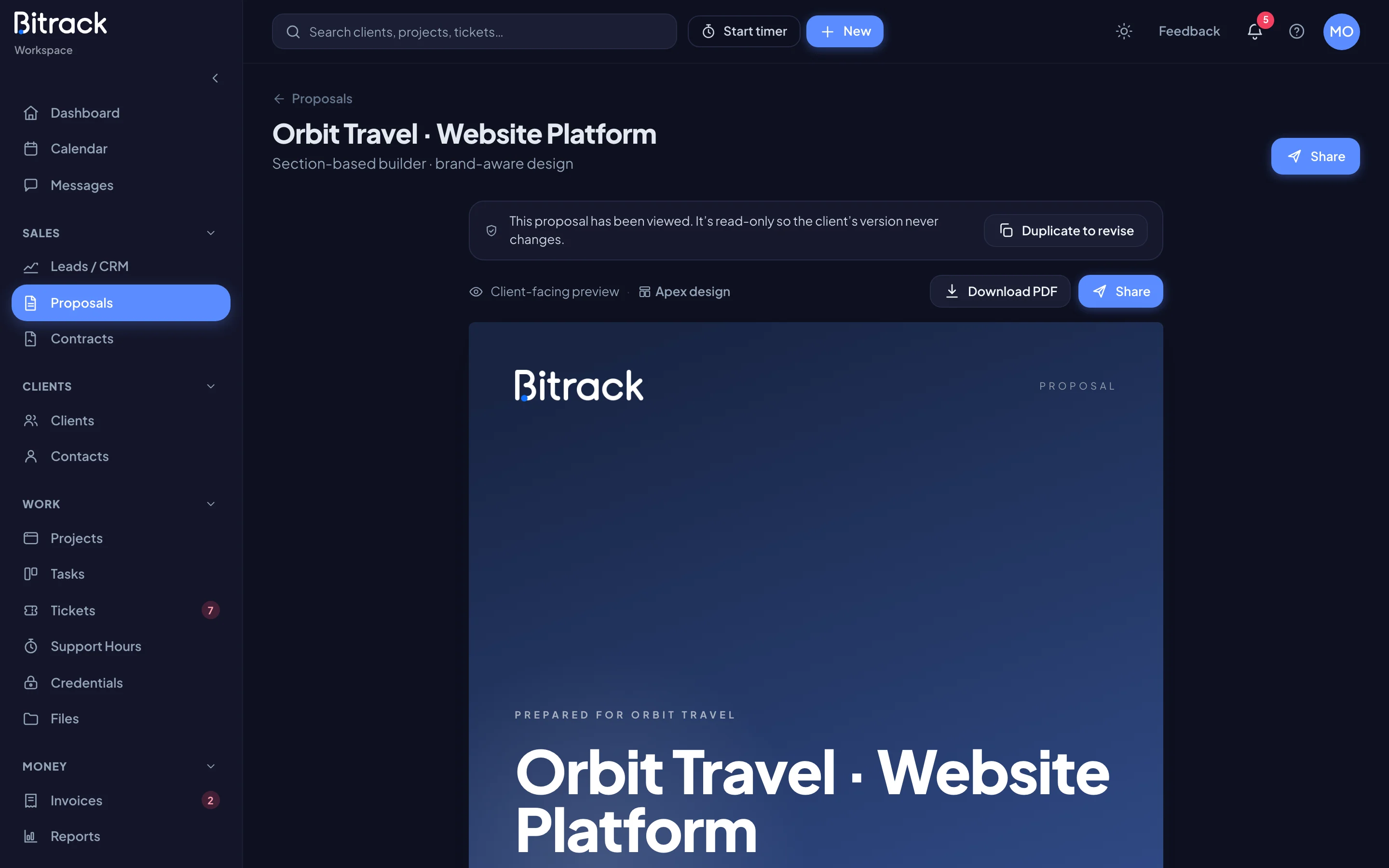 A proposal your client has viewed (dark mode)
