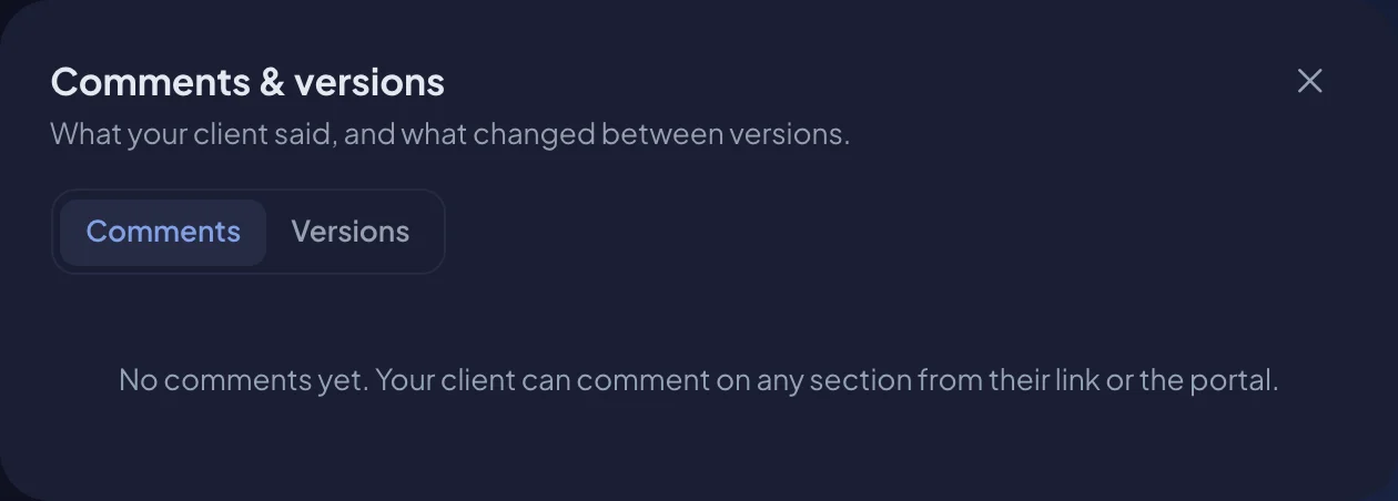 The Comments & versions window (dark mode)