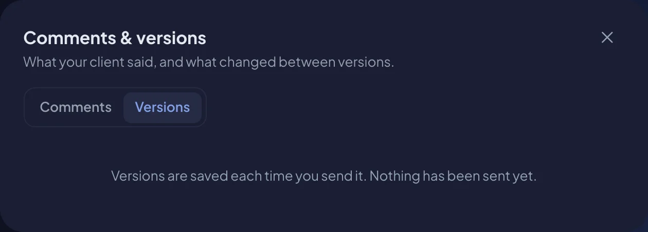 The Versions tab, with each version sent (dark mode)