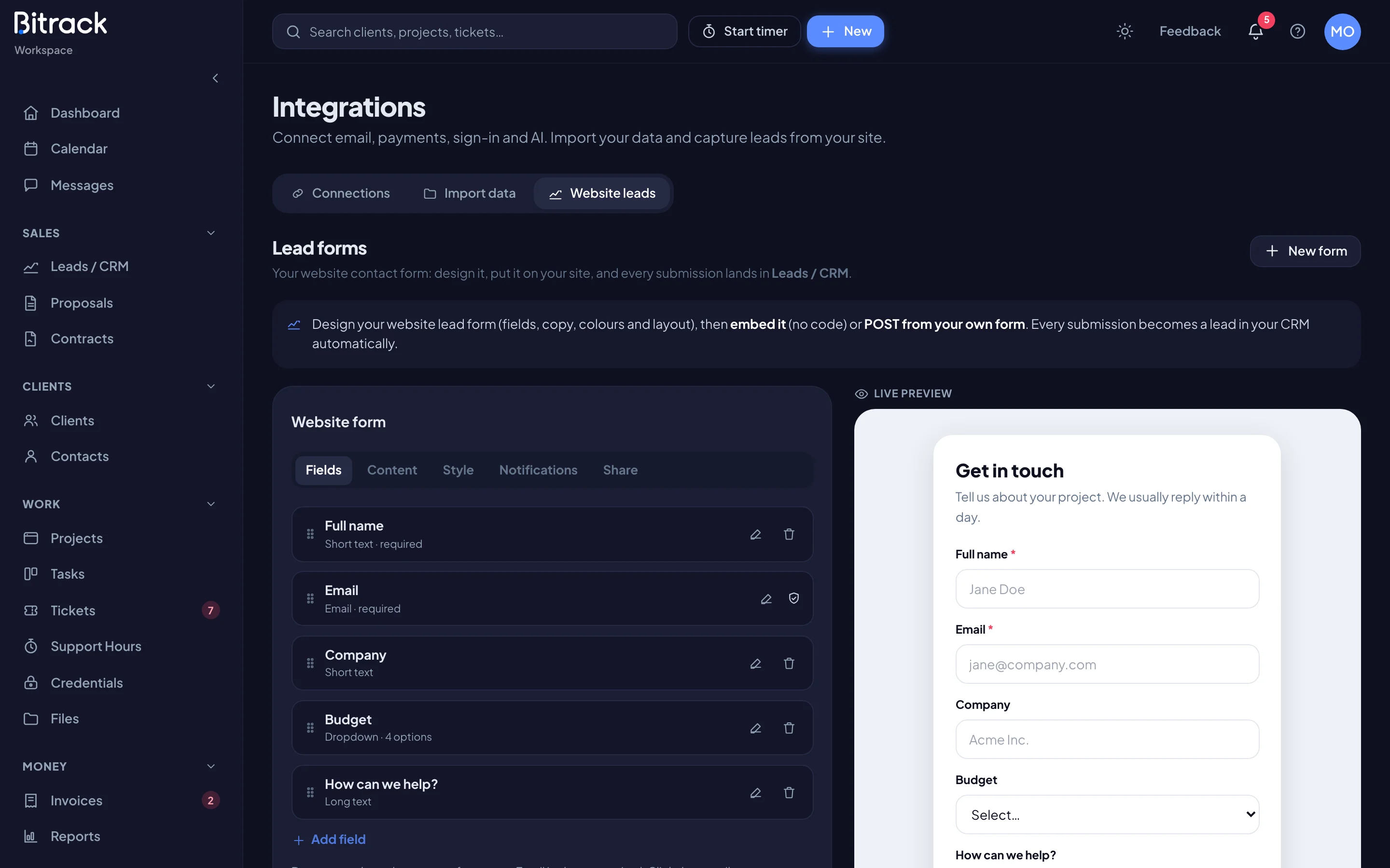 The Website leads tab with the form builder and live preview (dark mode)
