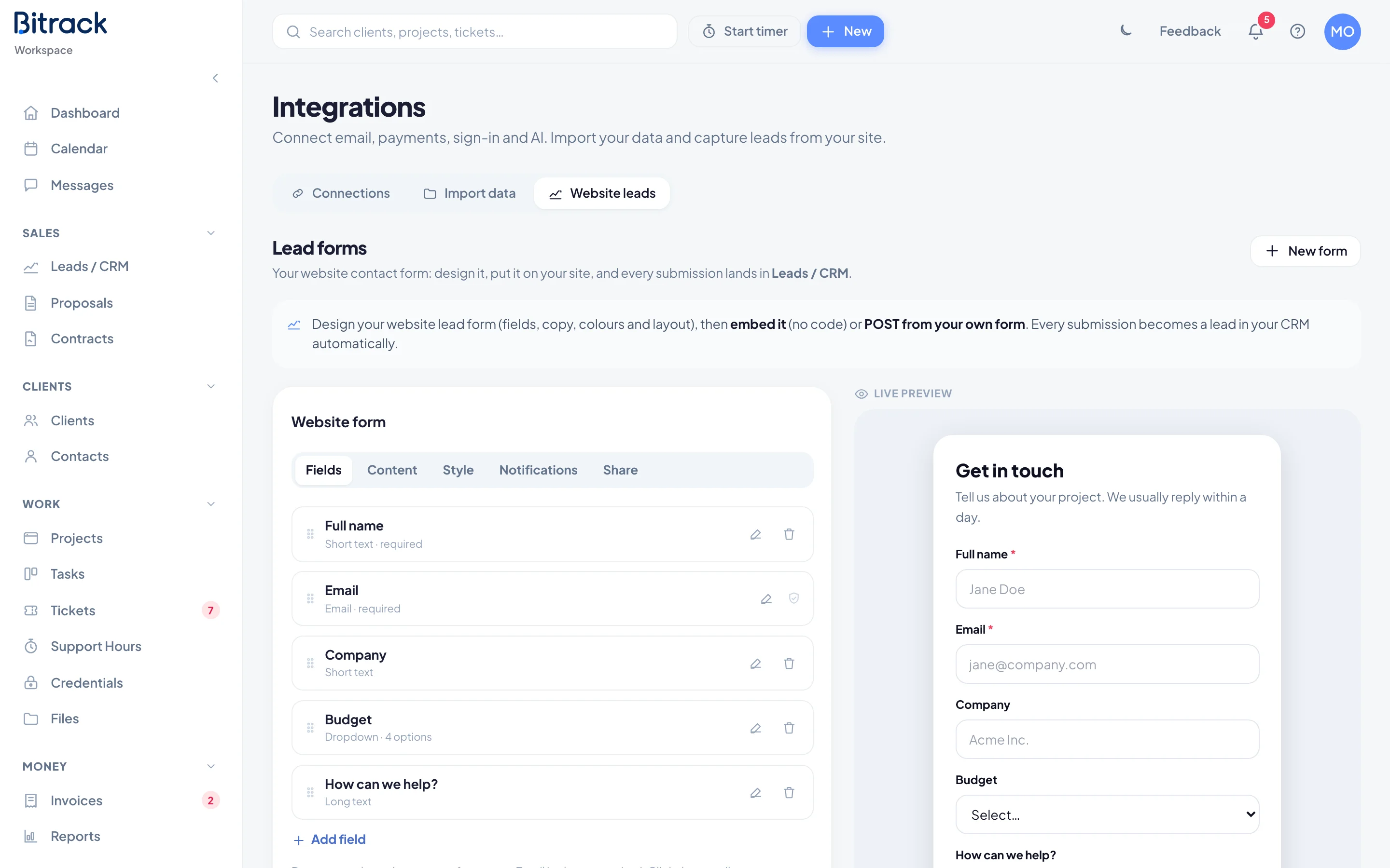 The Website leads tab with the form builder and live preview